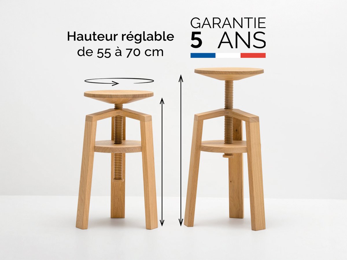Tabouret rond à vis - Chêne massif 100% - CLOCK