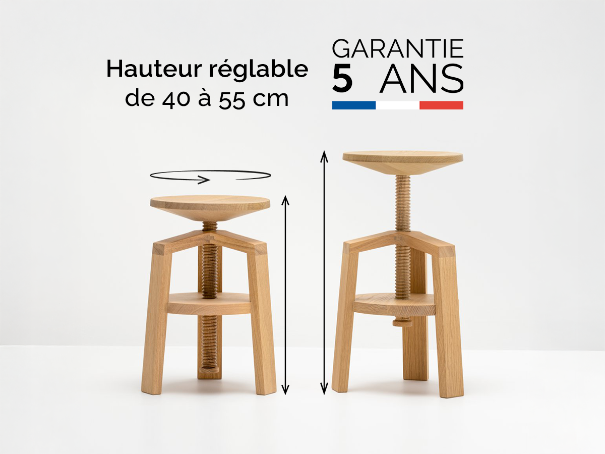 Tabouret à vis en bois réglable - Chêne massif - CLOCK