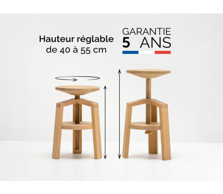 Tabouret à vis en bois réglable - Chêne massif - CLOCK